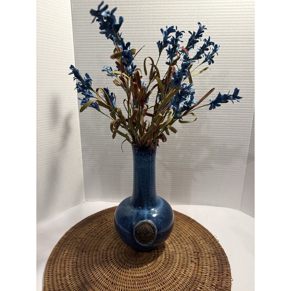 Long Neck Drip Glaze Speckled Blue Art Pottery Vase w Applied Bronze Emblem